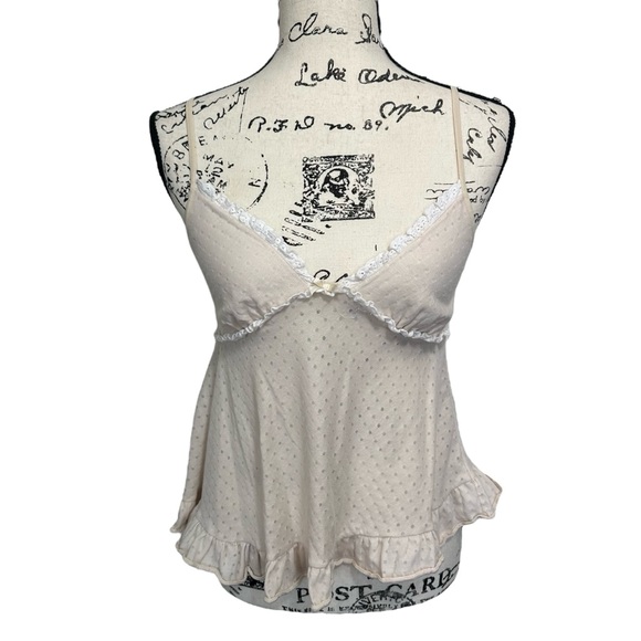 Vintage Rampage Intimates Y2K Babydoll Ruffle Lace Trim Polkadot Ivory Cami, M - Picture 1 of 11